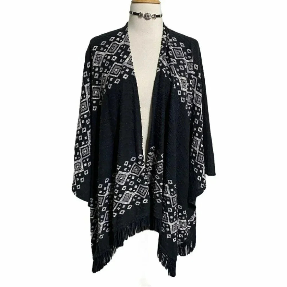 Mossimo Supply Co. Kimono Cardigan S/M Black Geometric Fringe Boho Poncho Wrap
